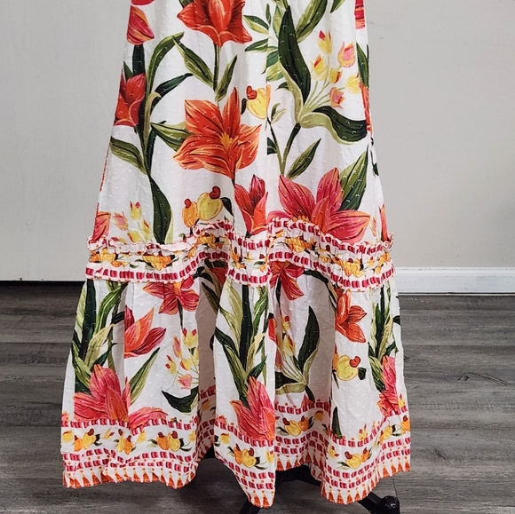 Farm Rio Cashew Floral Tiered Midi Dress White Ruffle Garden Tropical - Picture 10 of 13